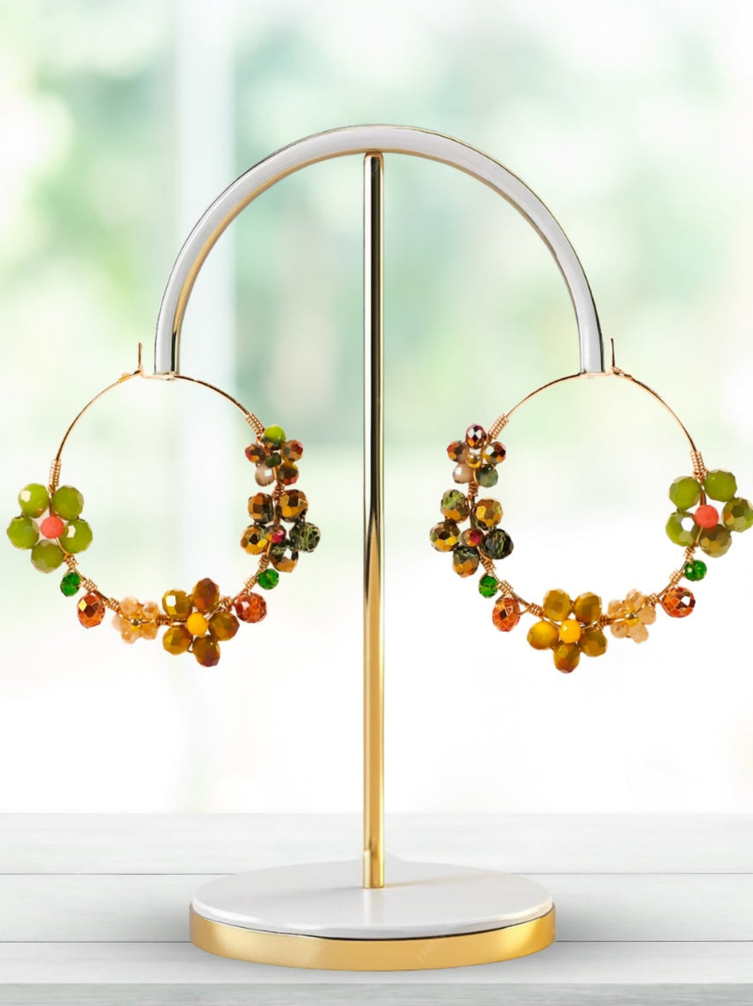 Floral Bead Wrap Earrings (Green + Yellow)