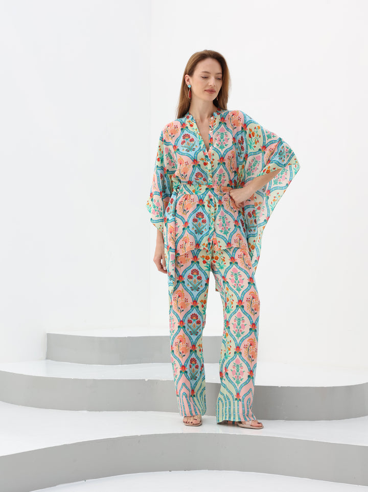 Honeycomb Crepe Silk Kaftan Style Shirt & Pant Set