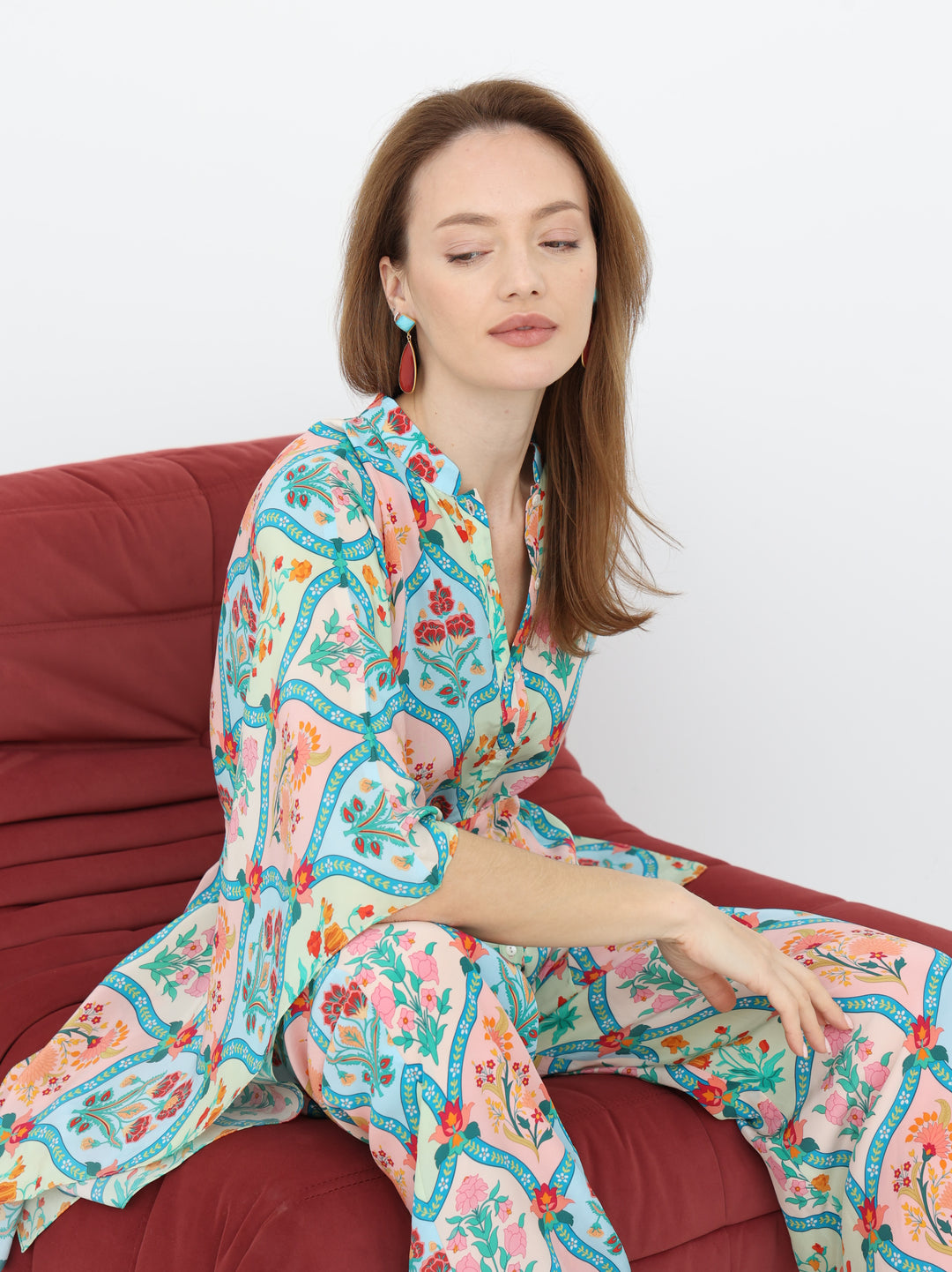 Honeycomb Crepe Silk Kaftan Style Shirt & Pant Set