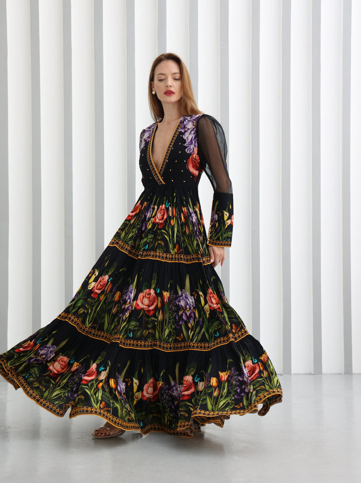 Midnight Bloom Embroidered Maxi Dress