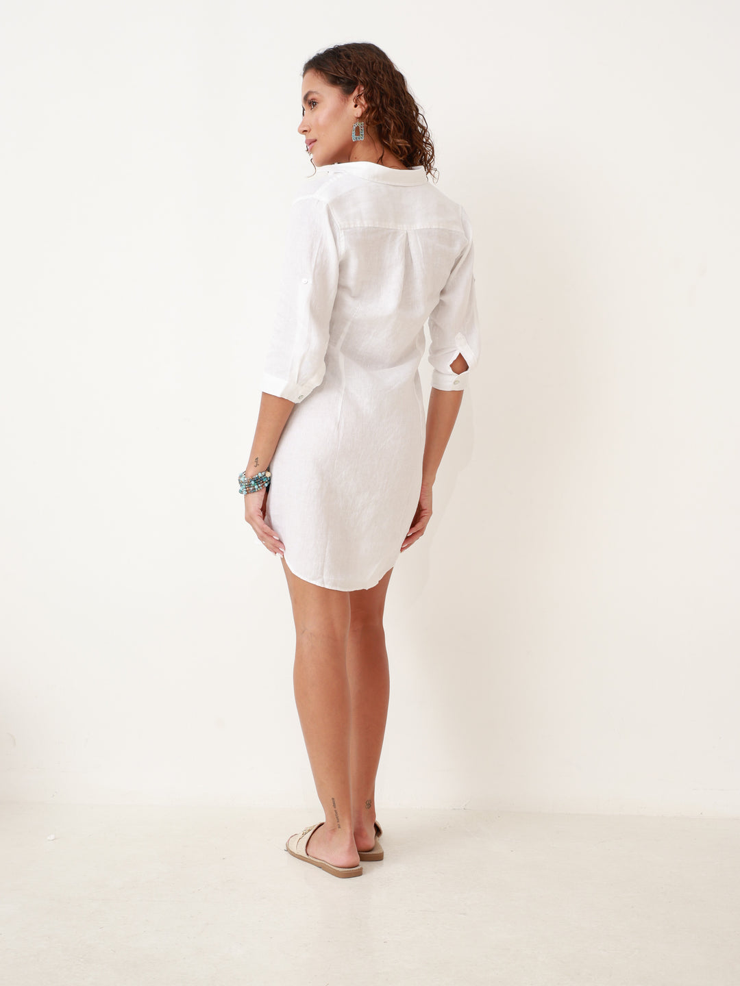 Pure Linen Convertible Shirt Dress Casual to Chic Mini-White