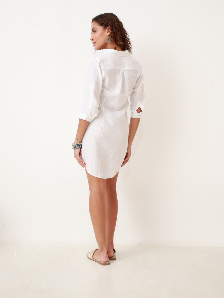 Pure Linen Convertible Shirt Dress Casual to Chic Mini-White