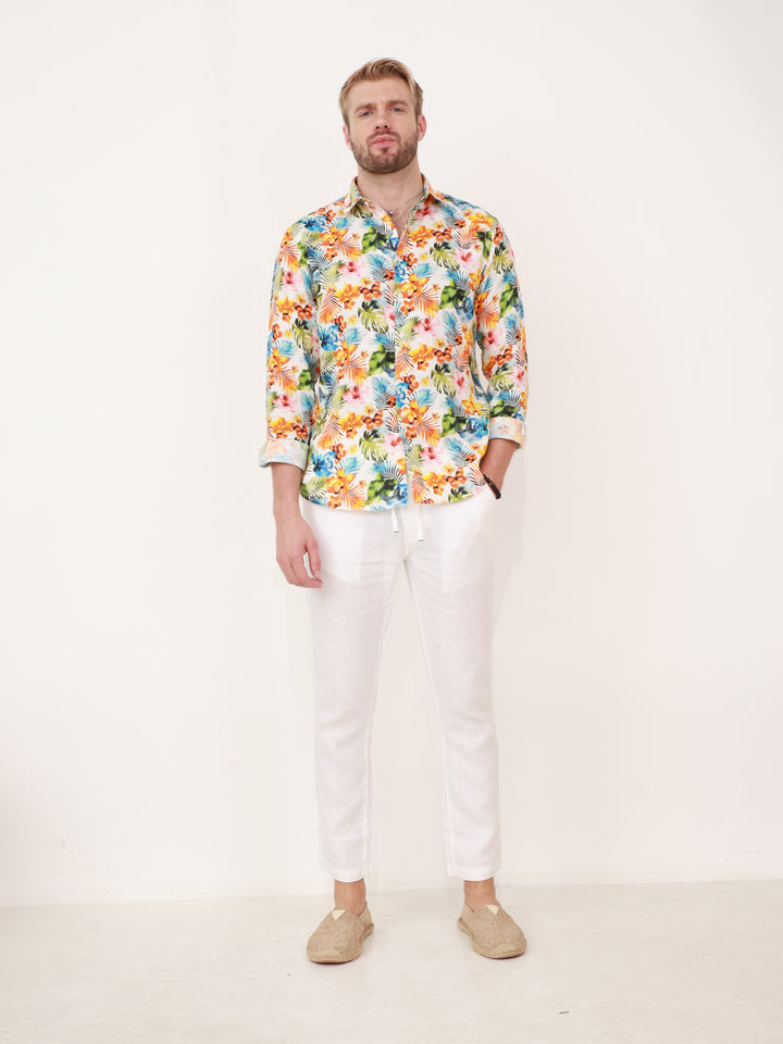 100% Linen Men’s Shirt – Tropical Print – Full Sleeve