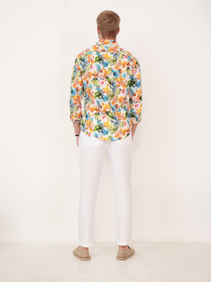 100% Linen Men’s Shirt – Tropical Print – Full Sleeve