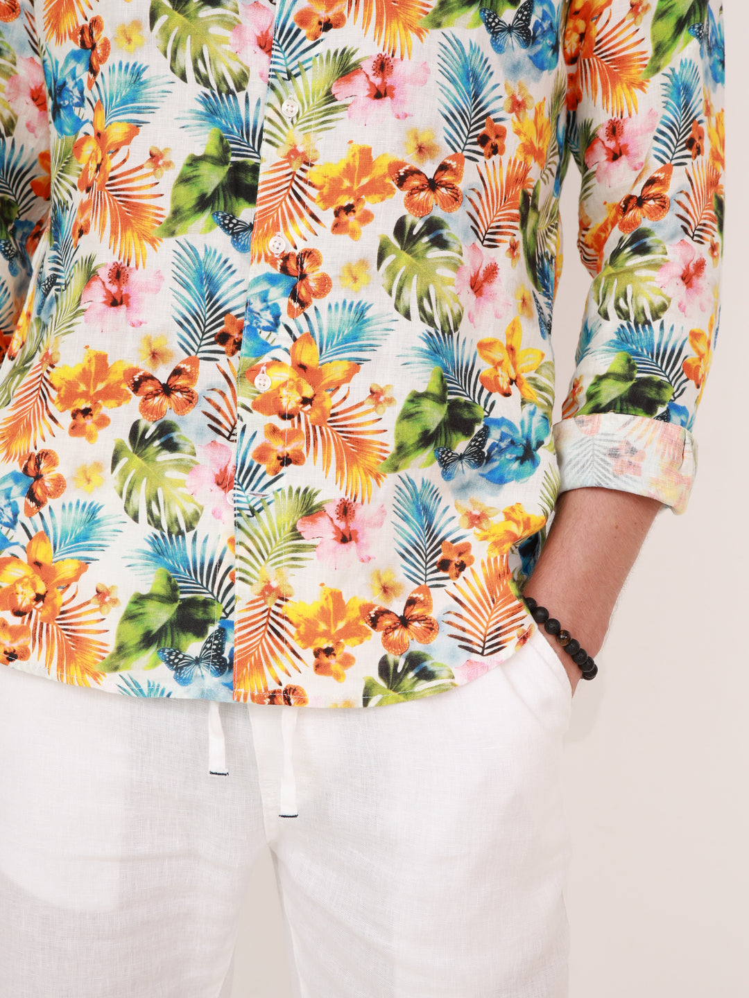 100% Linen Men’s Shirt – Tropical Print – Full Sleeve