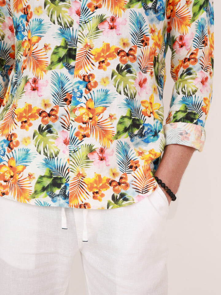 100% Linen Men’s Shirt – Tropical Print – Full Sleeve