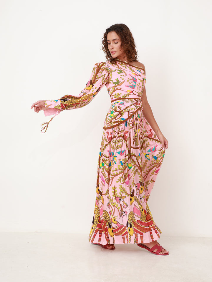 Crepe Silk Off Shoulder Forest Maxi Dress