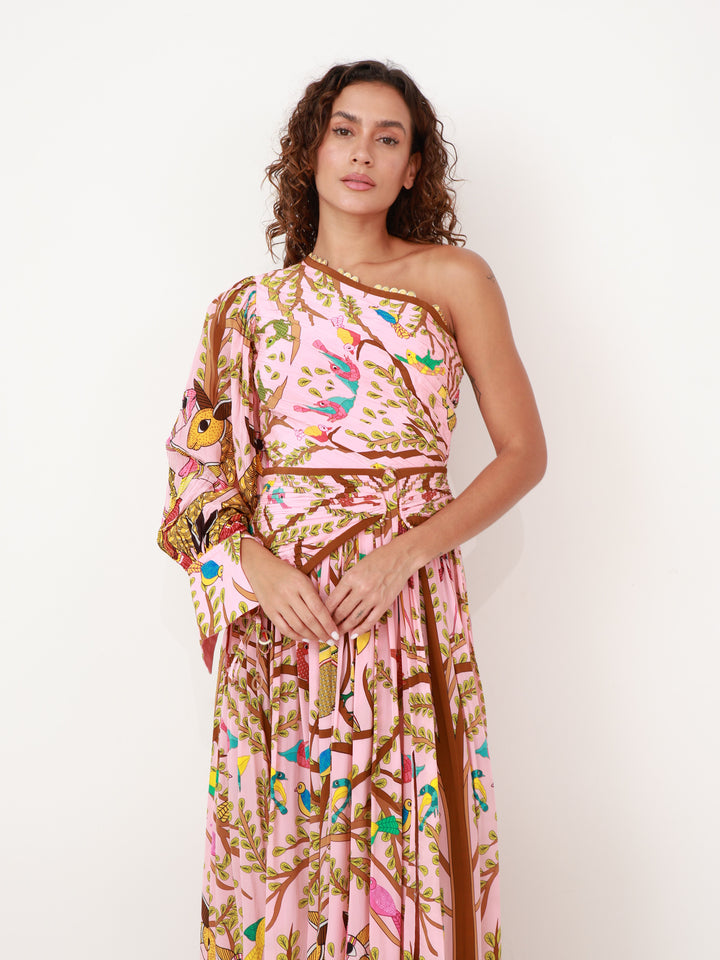 Crepe Silk Off Shoulder Forest Maxi Dress