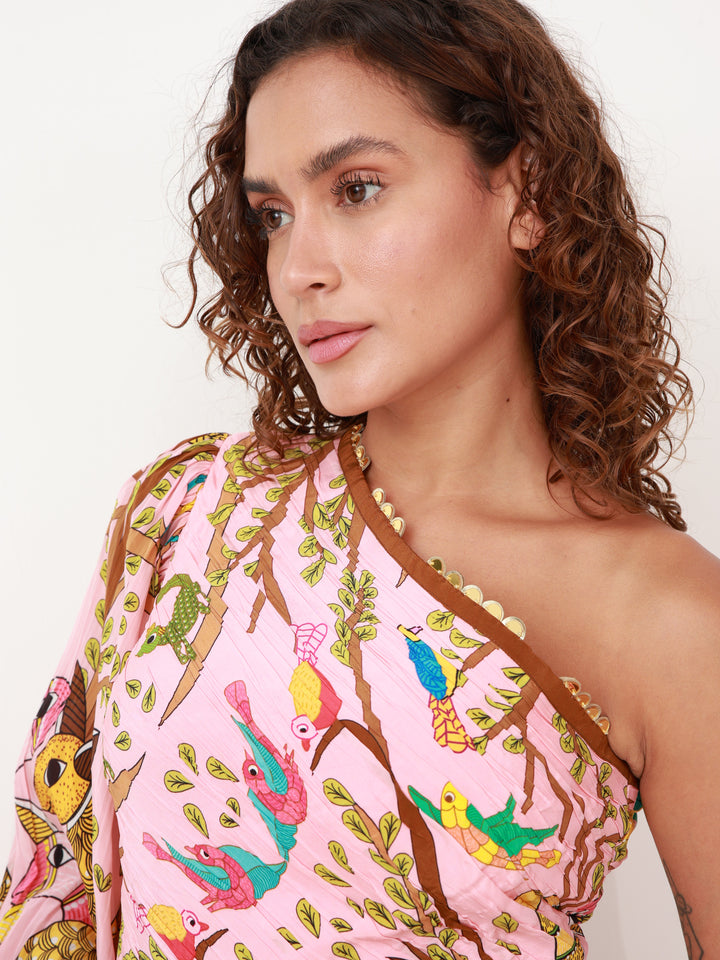 Crepe Silk Off Shoulder Forest Maxi Dress