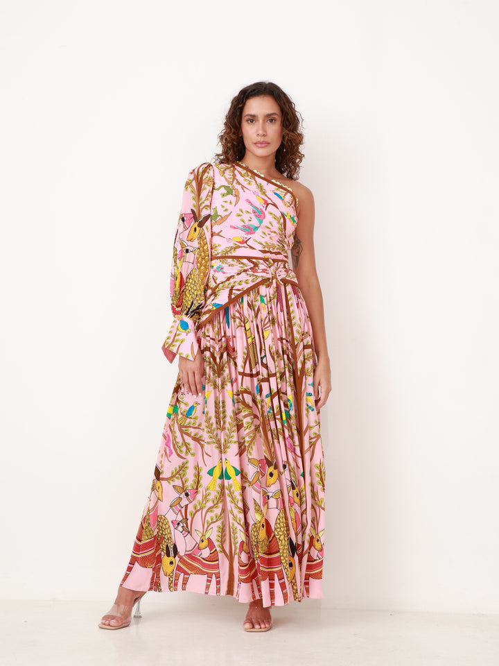 Crepe Silk Off Shoulder Forest Maxi Dress