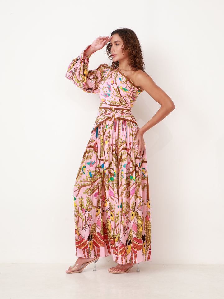 Crepe Silk Off Shoulder Forest Maxi Dress