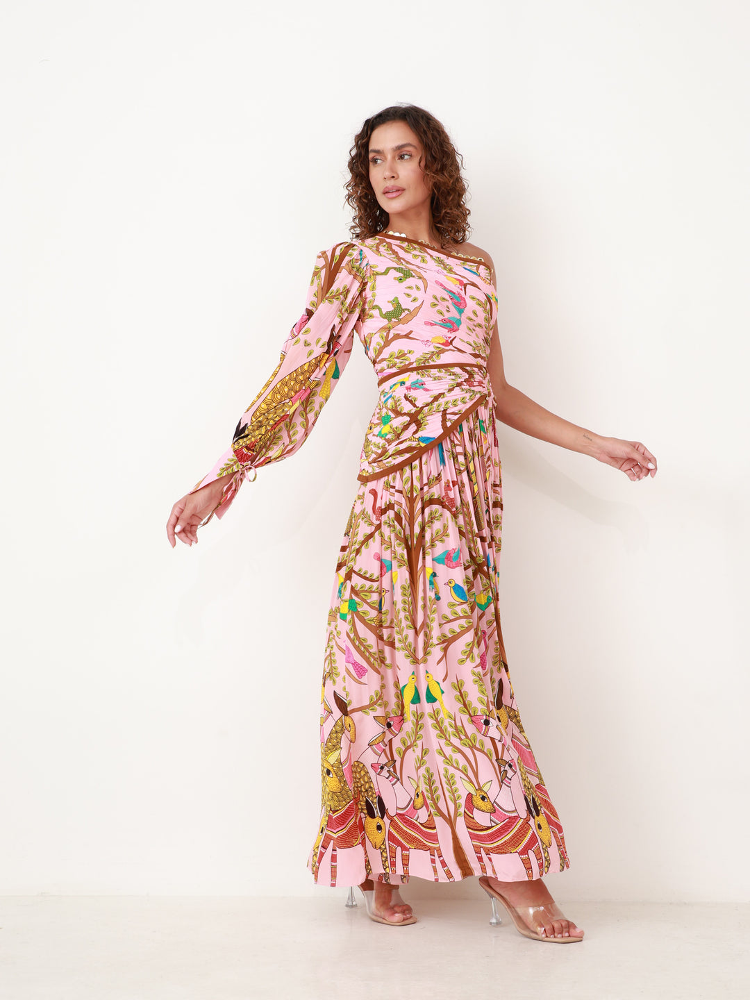 Crepe Silk Off Shoulder Forest Maxi Dress
