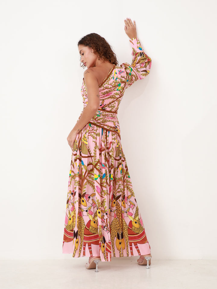 Crepe Silk Off Shoulder Forest Maxi Dress