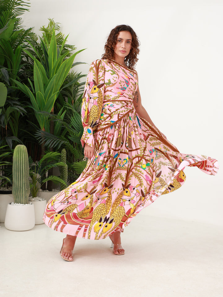 Crepe Silk Off Shoulder Forest Maxi Dress