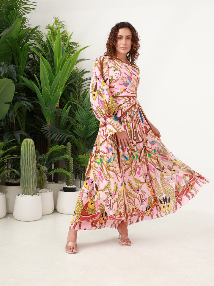 Crepe Silk Off Shoulder Forest Maxi Dress