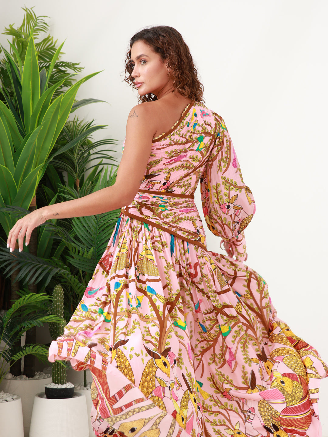 Crepe Silk Off Shoulder Forest Maxi Dress