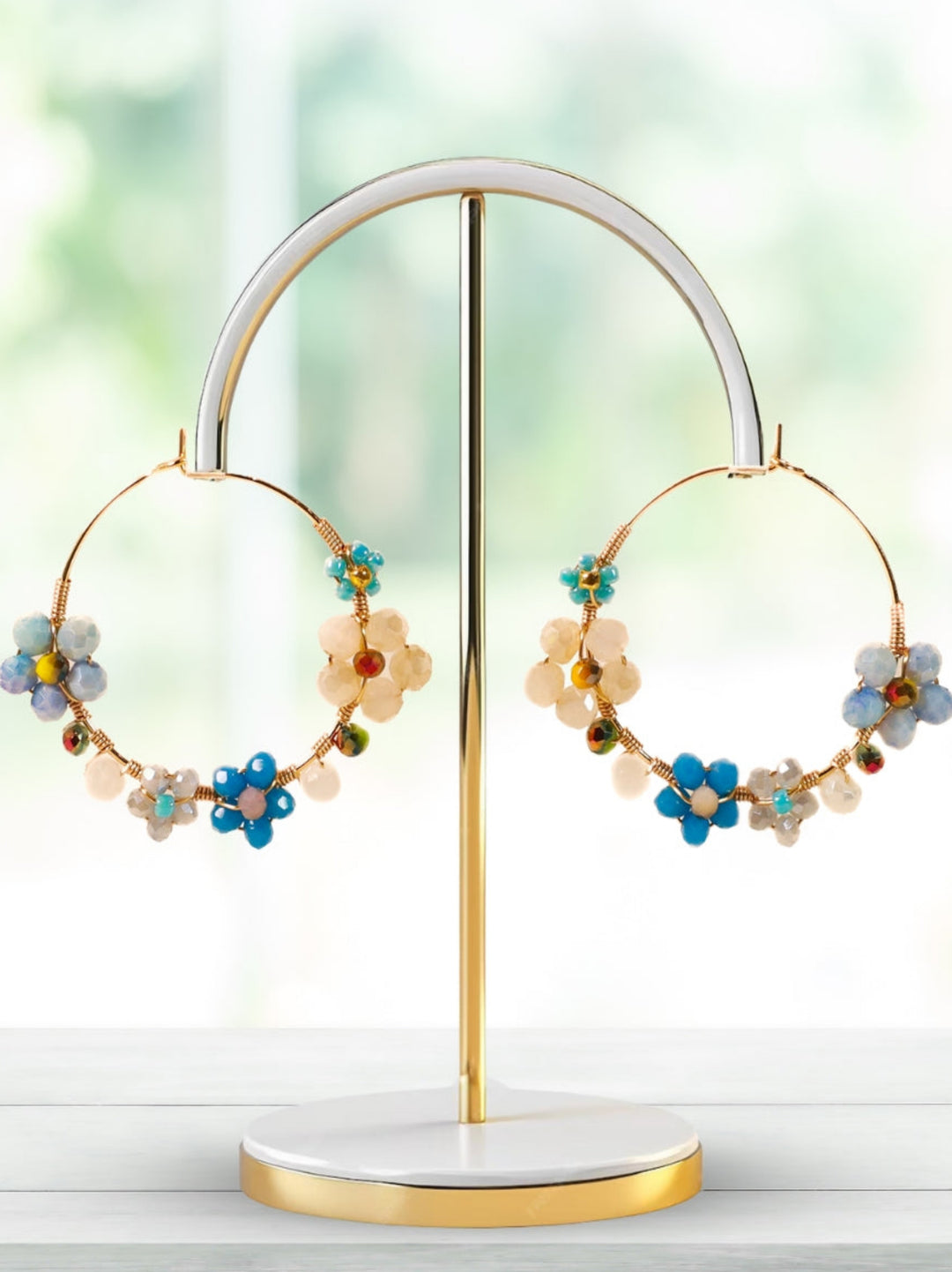 Bead Wrap Earrings (Blue & Cream)